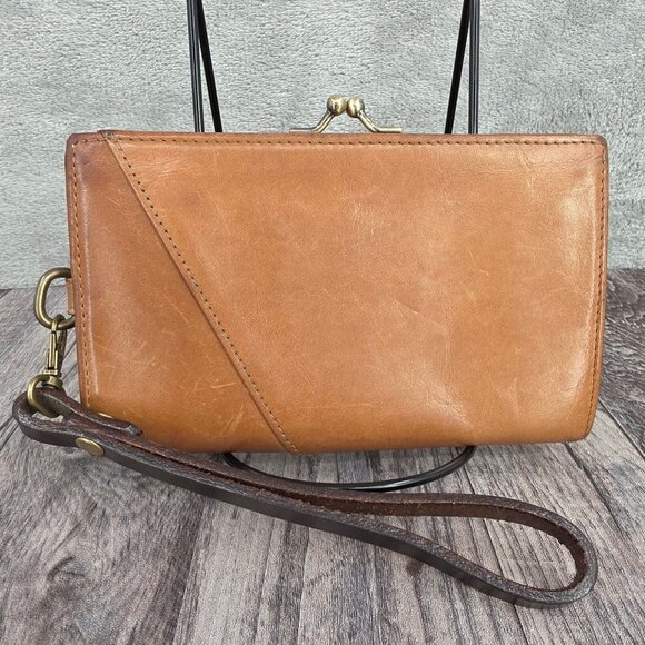 HOBO International Vintage Wallet Clutch Wristlet Cognac Brown Leather Kiss Lock - Picture 3 of 12